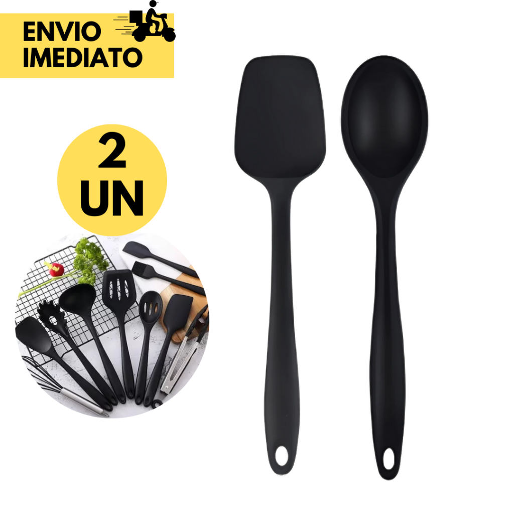 Kit Espátula de Silicone com Colher de Silicone Preta Não Risca a Panela p/ Chocolates Bolos Sobremesa e Refeições em Ge