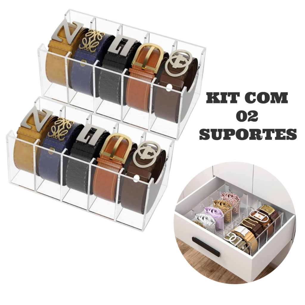 Kit 2 Organizador de Cintos em Acrílico Transparente 5 Compartimentos Expositor Closet Guarda Roupa