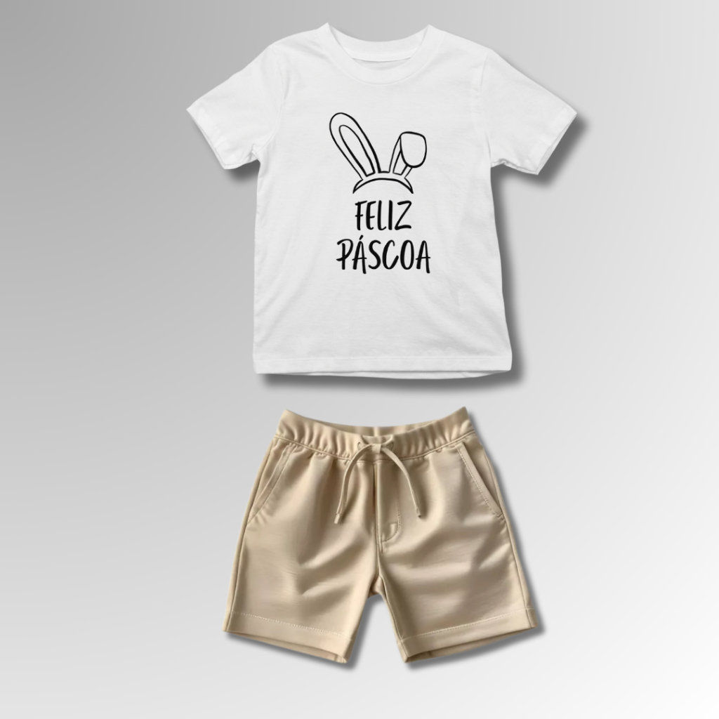 Kit Conjunto Infantil Masculino Feliz Páscoa com Camiseta 100% Algodão e Short Tectel Diversas Opções