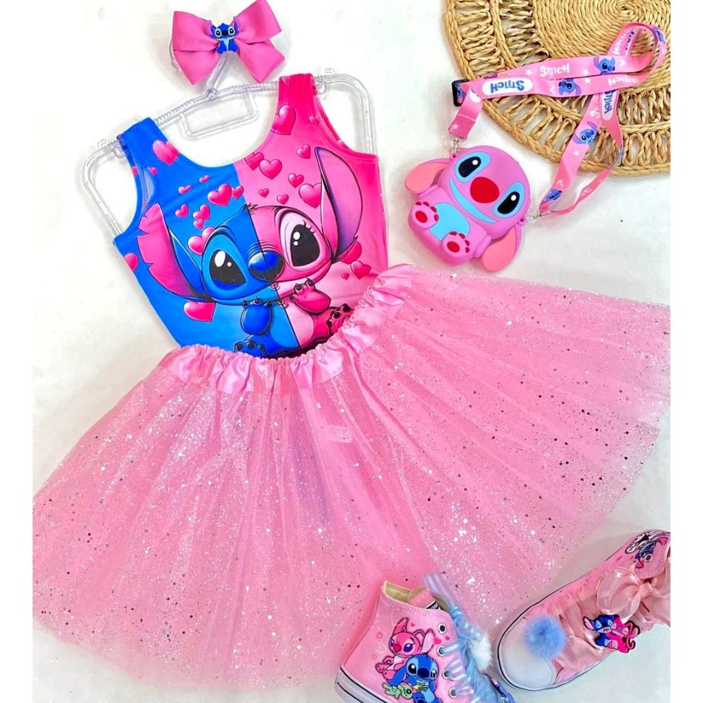 Kit Conjunto Infantil Body Stitch + Saia De Tule Com Glitter Carnaval Rosa Maio Piscina Praia Festa Bailarina Lilo Angel