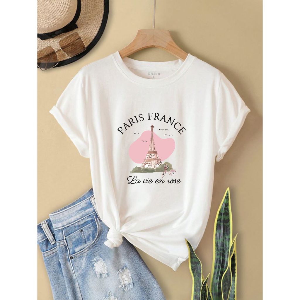 Tshirt Baby Look Feminina Delicada Estampado Modelo Paris Algodão