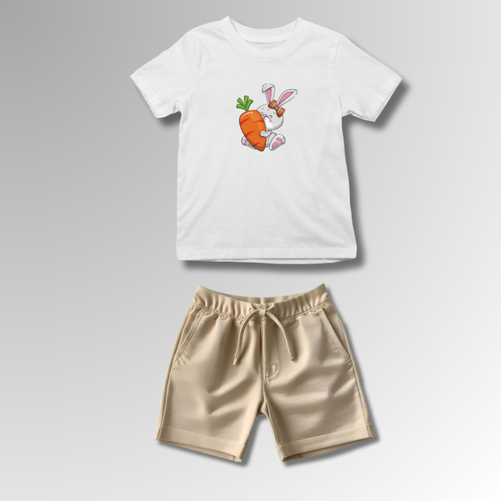 Conjunto Infantil Masculino Coelho da Páscoa com Cenoura e Laço Camiseta 100% Algodão e Short Tectel