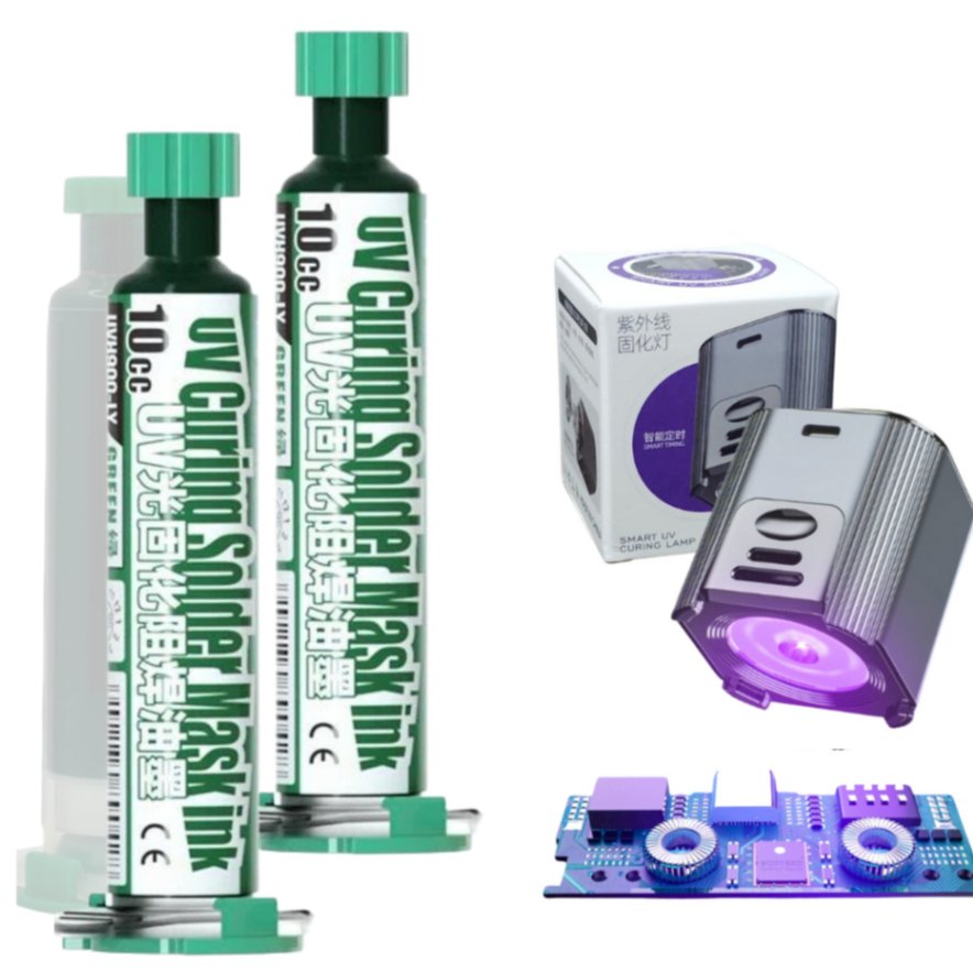 Kit 2 Tinta Mascara Uv Curing Solda Cola H900 e Lâmpada Luz UV Profissional Luz Cura Cola Mascara UV