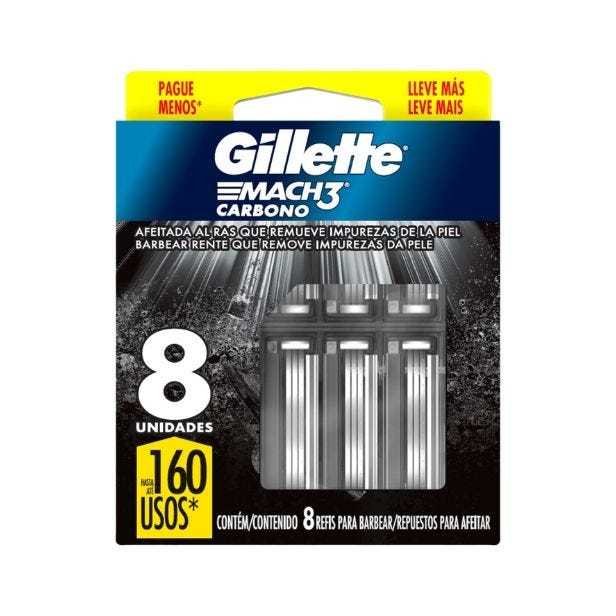 Refils Para Barbear Mach3 Carbono Carga Para Aparelho De Barbear Com Carvão Ativado 8 Unidades Gillette