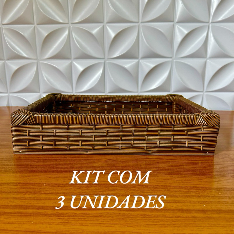 Kit C/3 Cesta Bandeja Organizadora Multiuso Fibra Sintética Decorativa