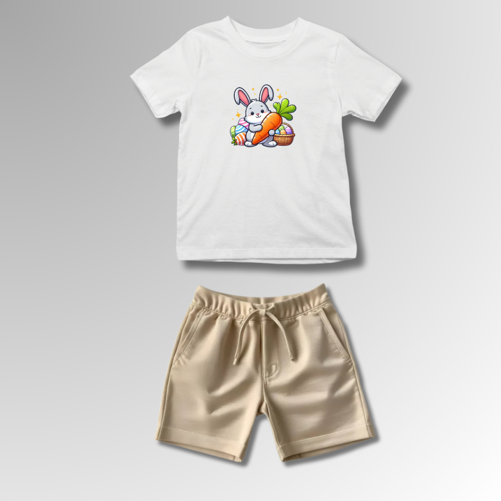 Conjunto Infantil Masculino Coelho da Páscoa com Cenoura Camiseta 100% Algodão e Short Tectel Diversas Combinações