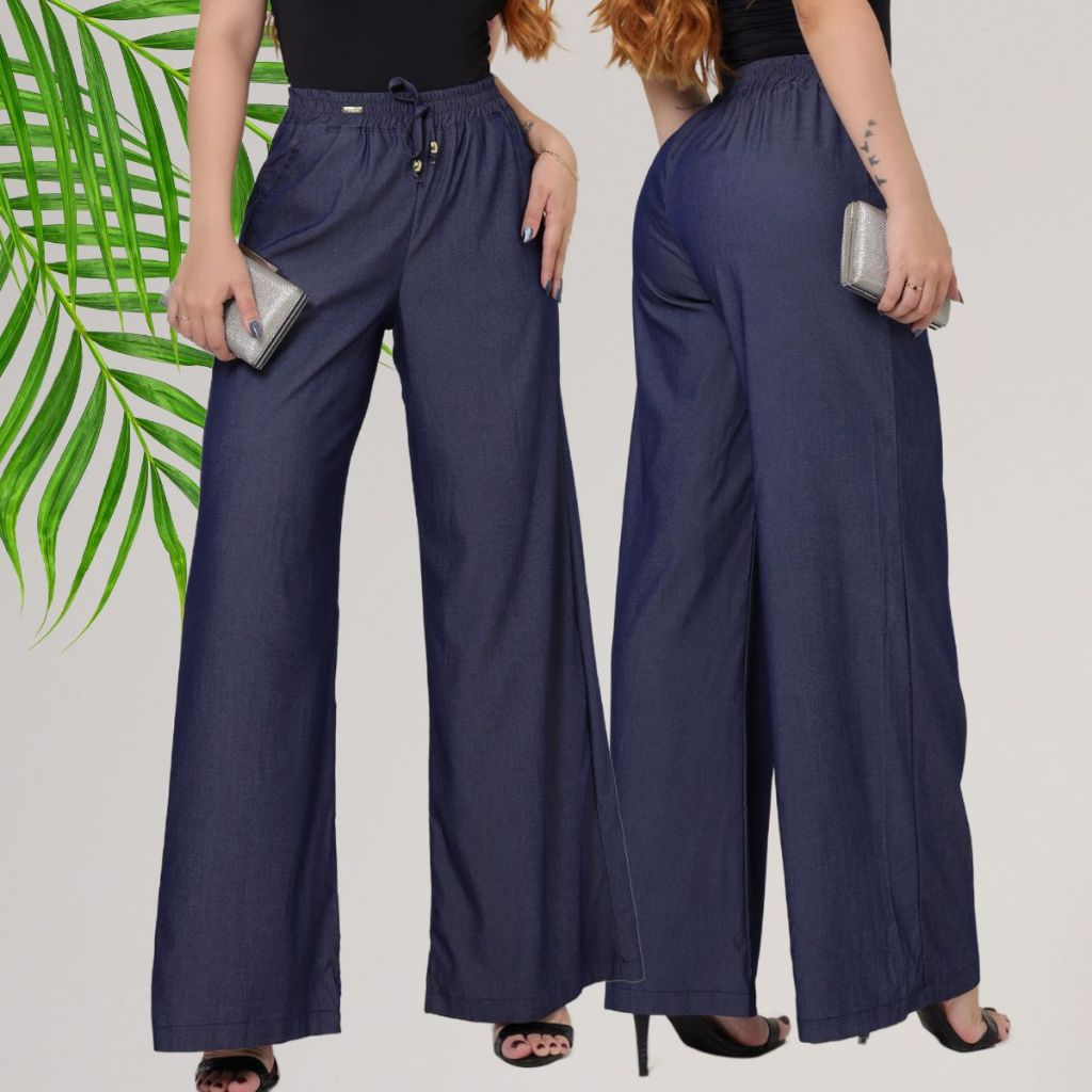 Calça Jeans Tencel Feminina Pantalona Elegante Cintura Alta com Elástico no Cós em Oferta na Shopee