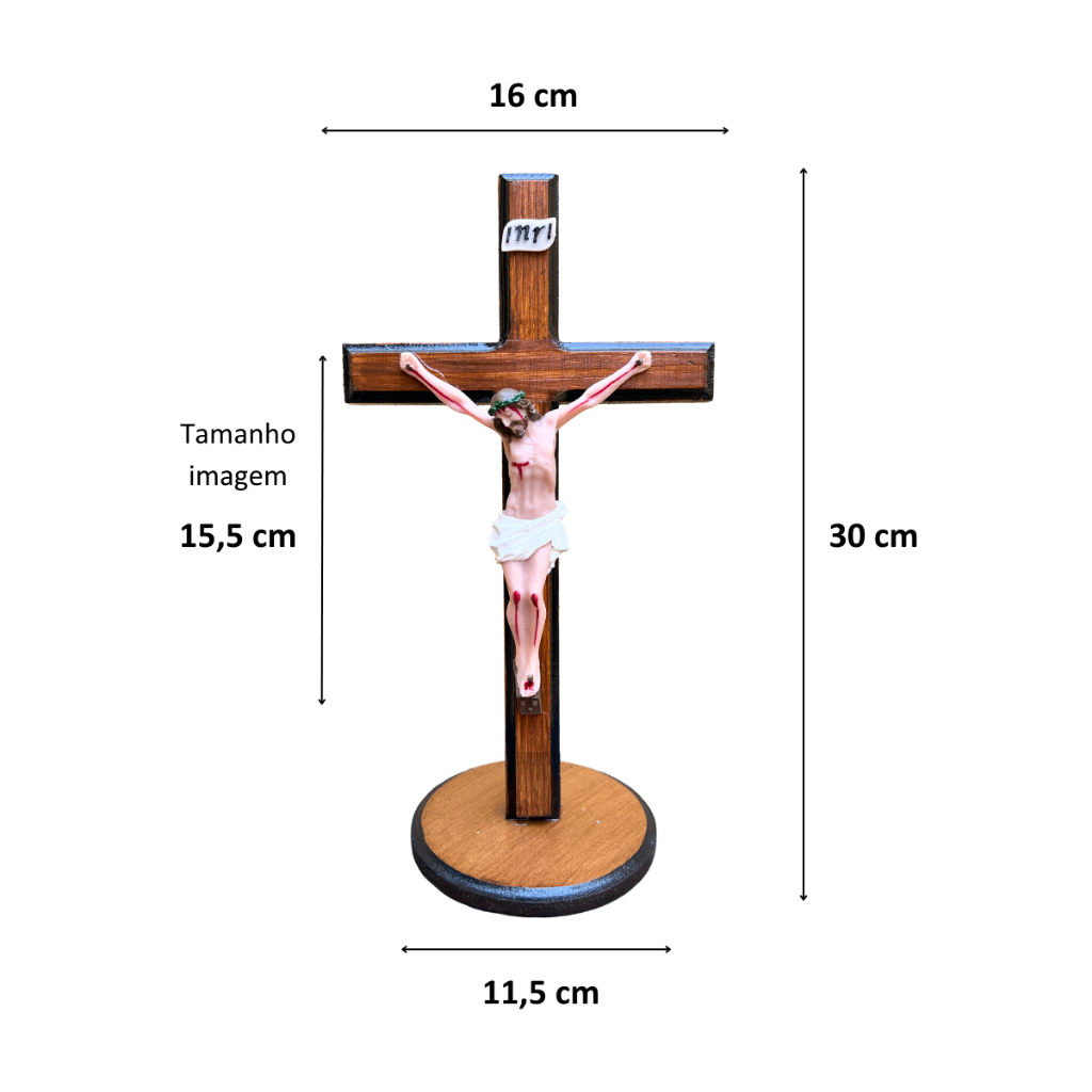 Crucifixo De Mesa Em Resina E Madeira Base Redonda Envernizada Decoração