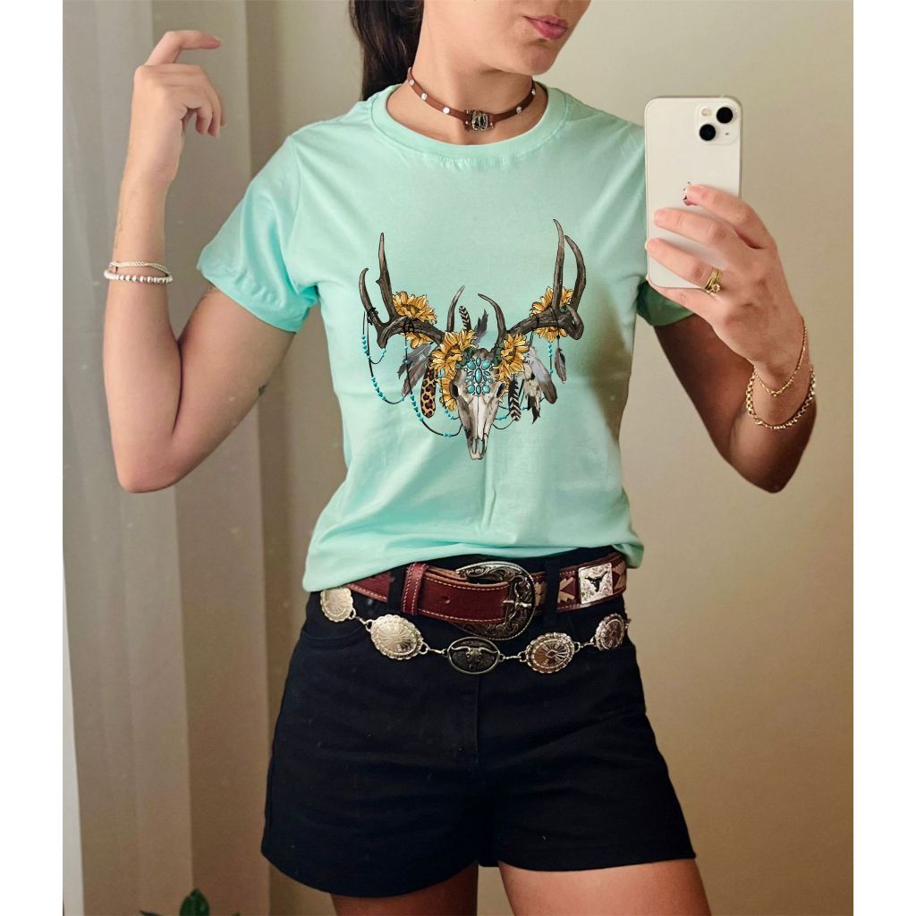 Camiseta Baby Look Tshirts Feminina Moda Country Estampada Boi Colorido Estiloso Algodão