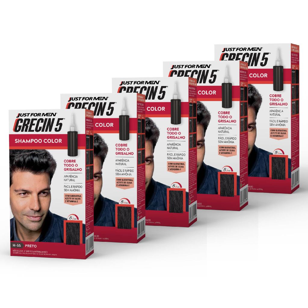 Kit 5x unidades - Grecin 5 Shampoo Tintura Tonalizante Preto H-55 60ml - Cobre os cabelos grisalhos em 5 minutos. em Oferta na Shopee