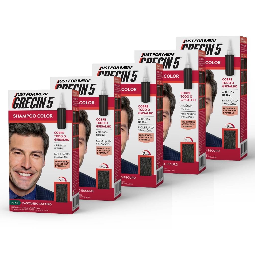 Kit 5x unidades Grecin 5 Shampoo Tintura Tonalizante Castanho Escuro H-45 60ml - Cobre os cabelos grisalhos em 5 minutos em Oferta na Shopee