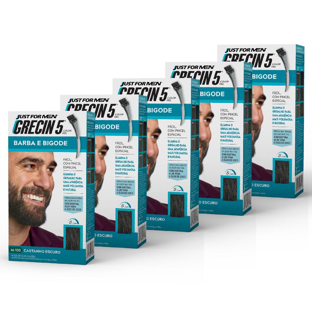 Kit 5x unidades - Grecin 5 Color Gel Barba e Bigode Castanho Escuro M-100 28g - Cobre os fios grisalhos em 5 minutos em Oferta na Shopee