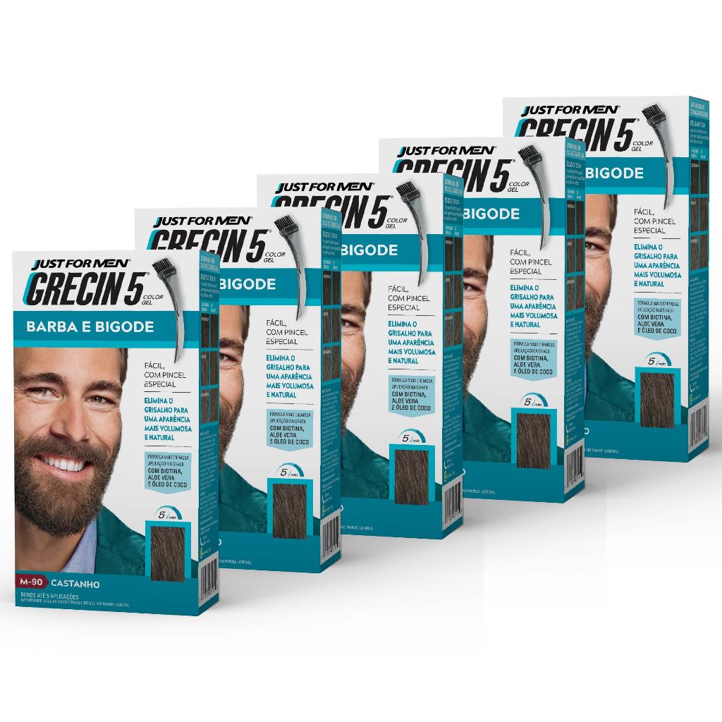 Kit 5x unidades Grecin 5 Color Gel Barba e Bigode Castanho M-90 - Cobre os fios grisalhos 5 minutos. Aparência natural. em Oferta na Shopee