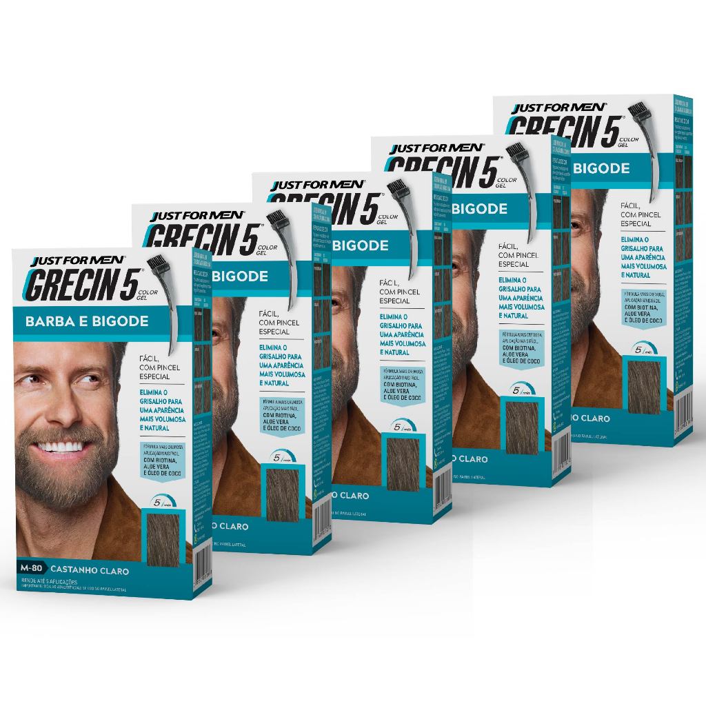 Kit 5x unidades  Grecin 5 Color Gel Tintura Barba e Bigode Castanho Claro M-80 28g- Cobre os fios grisalhos em 5 minutos em Oferta na Shopee