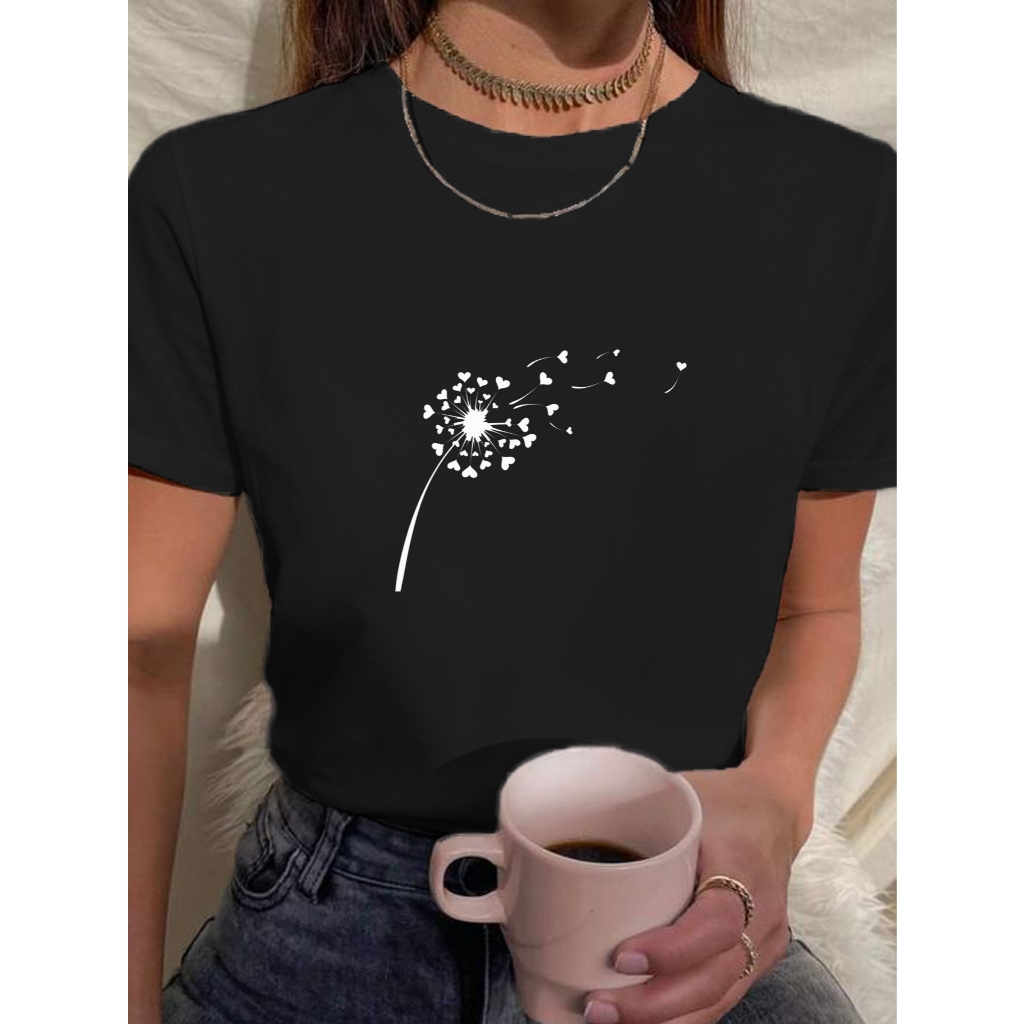 Camiseta Feminina Babylook t shirt flor dente de leão delicada 100% Algodão