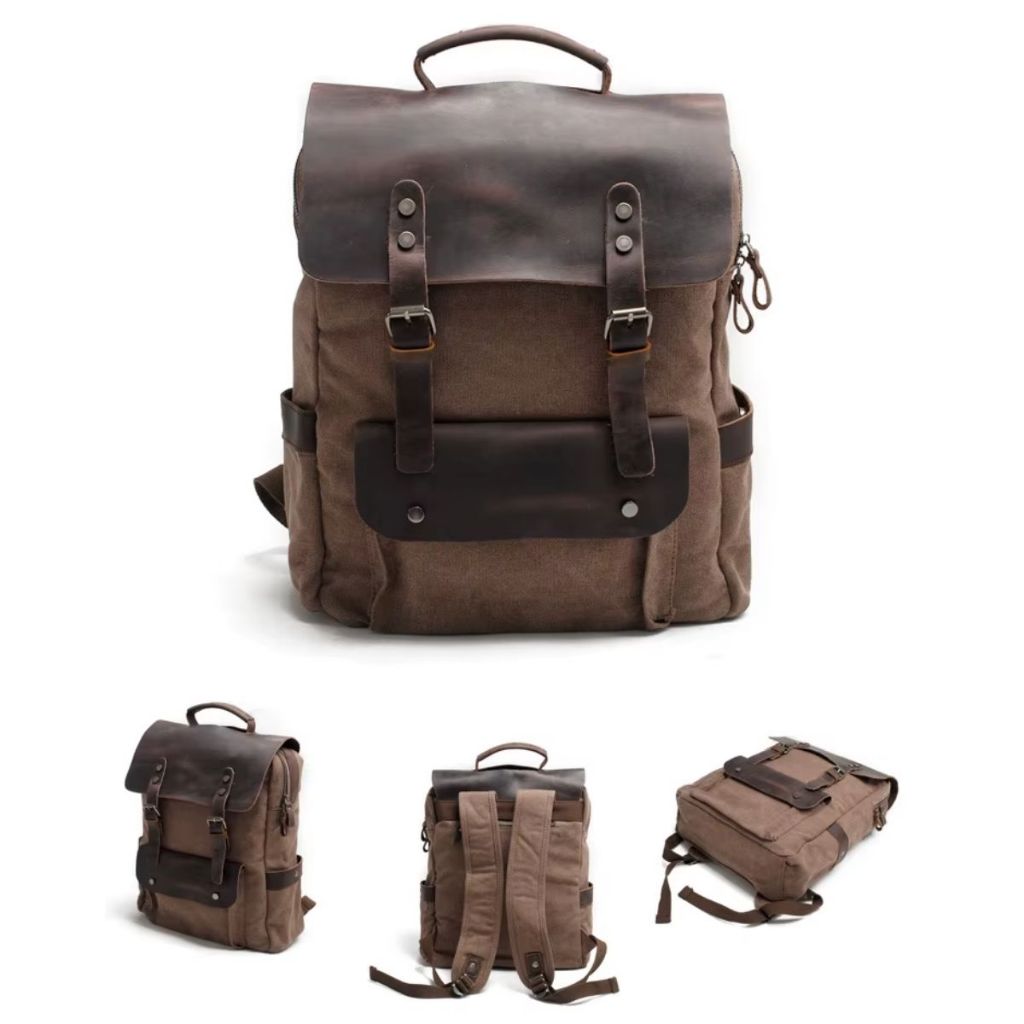 Mochila de Couro para Laptop, Mochila de Lona Casual Mochila Escolar para Laptop de 15,6" Multifuncional Resistente