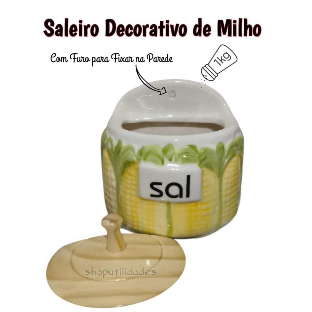 Saleiro Milho Espiga Sal em Cerâmica Mesa Parede com Tampa em Madeira Porta Sal Decorado Pintado a Mão Rústico Festa