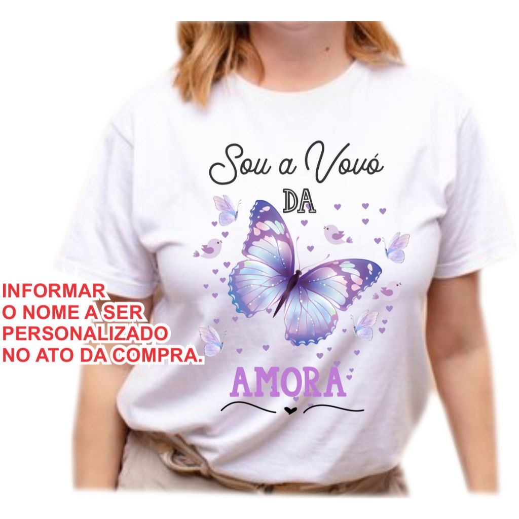 Camisa personalizada com nome para vovó de menina tema borboletas e passáros em Oferta na Shopee