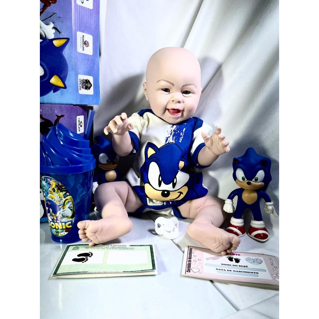 Kit Boneco Bebê Reborn Copo Mamadeira Bonequinho Sonic Azul RG Certidão de Nascimento Chupeta Roupinha Sonic Azul