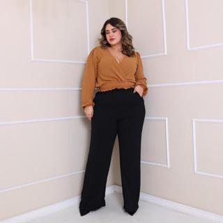 Calça Pantalona Wide Leg Cintura Alta Plus Size em Oferta na Shopee