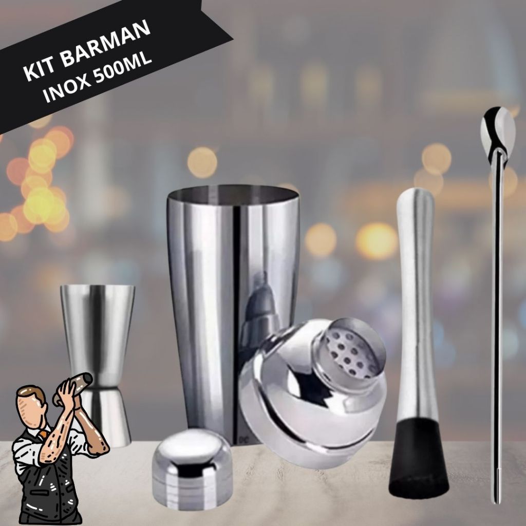 Kit Coqueteleira Com Dosador Colher Mexedora Socador Barman Bebidas Bartender Drinks Homebar