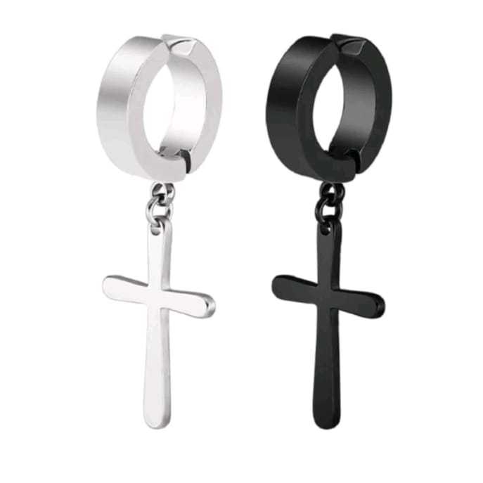Brinco Pressão Preto ou Prata  Argola crucifixo unissex da moda em aço cirúrgico