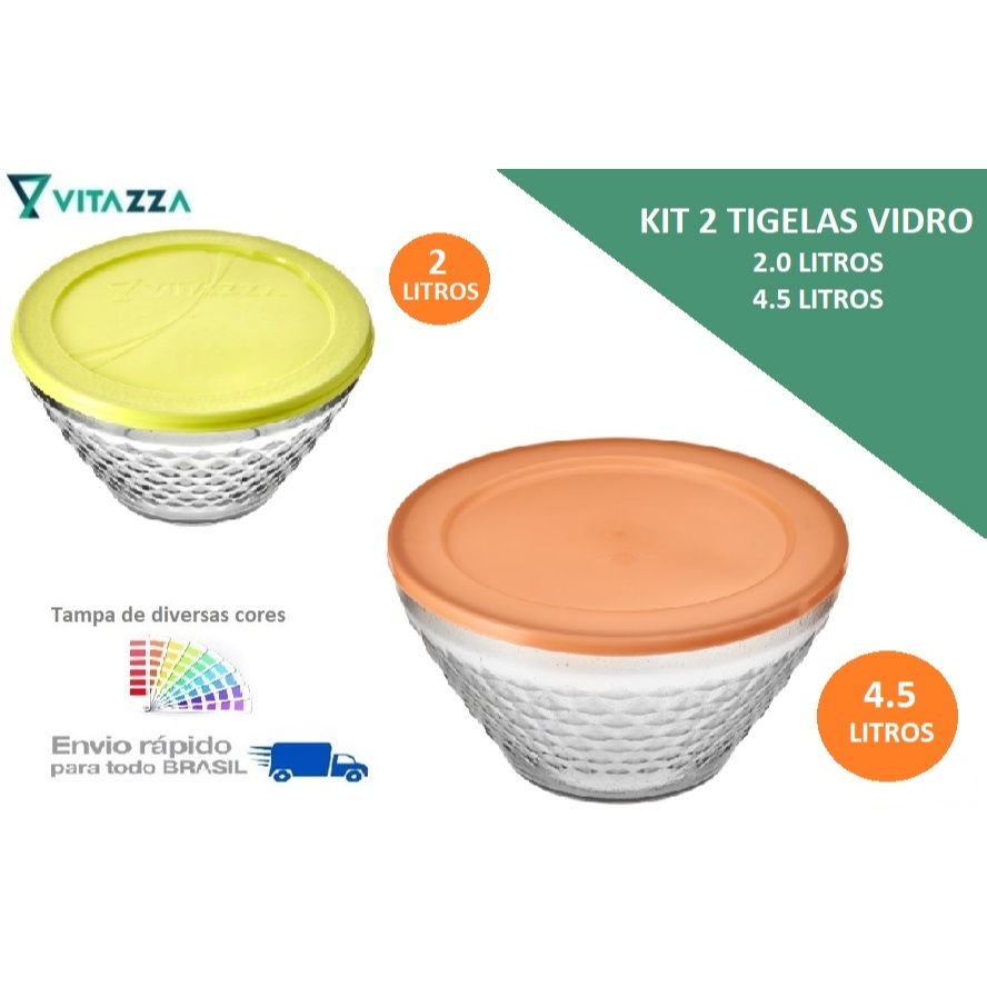Kit 2 Tigelas Saladeira de Vidro Bico de Jaca 2L e 4.5L Com Tampa Vitazza