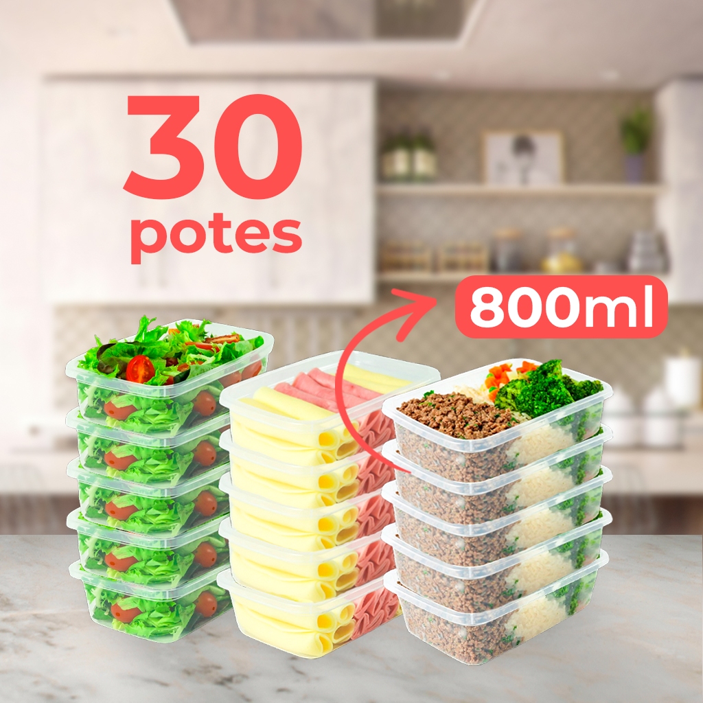 Jogo Kit 30 Potes Reutilizável Marmita Fitness Organizador de Alimentos Freezer Microondas Bpa Free