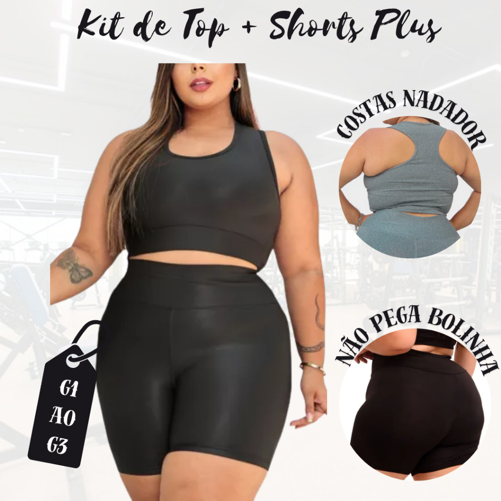 Kit De Academia Plus Size Curve Top + Shorts Legging Feminino Fitness Em Suplex Meia Coxa Cintura Alta