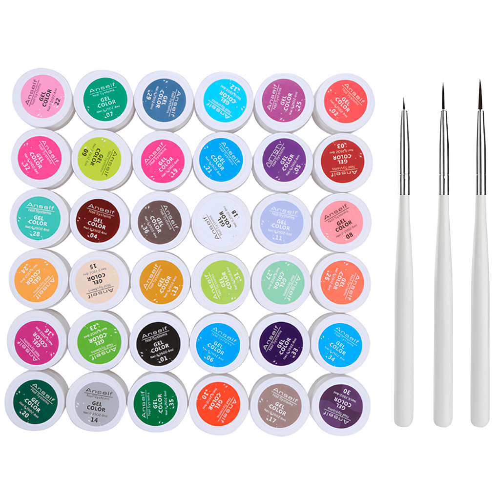 Kit 36 Gel Paint + Pincel Fino para Decoração de Unhas Manicure Nail Art Design
