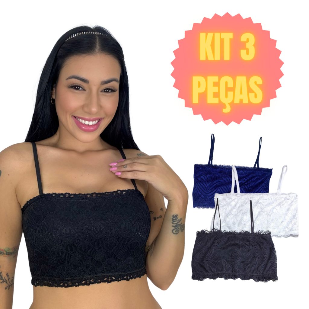 Kit 3 Cropped de Renda Com Alcinha Fina Sem Bojo Top Rendado Feminino Blusinha Curta Feminina Top em Oferta na Shopee