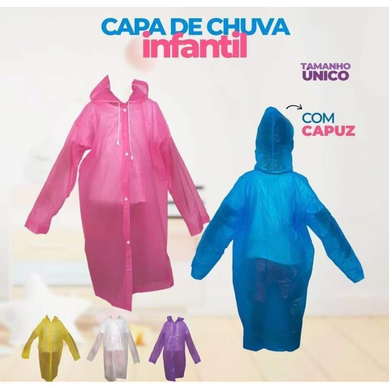 CAPA DE CHUVA INFANTIL COM CAPUZ LISA Para Meninas e Meninos