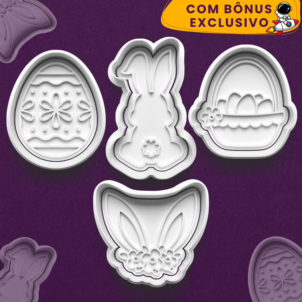 Kit 4 Cortador Marcador Cookie Páscoa Coelho Orelha Ovo Cesta Flores Biscoito Festa Confeitaria