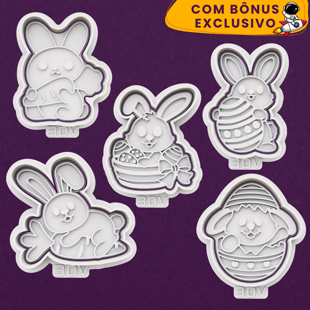 Kit 5 Cortador Marcador Cookie Páscoa Coelho Ovo Cenoura Cesta Biscoito Festa Confeitaria