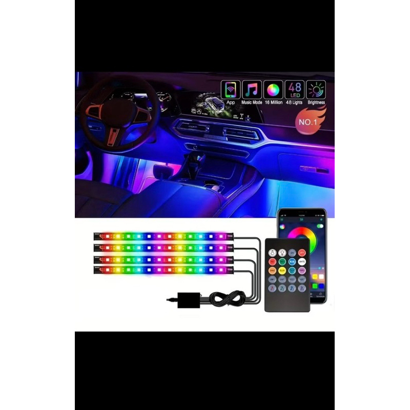 Fita LED Neon Som Automotivo RGB 7 Cores, Luz Interna Decoração com Controle Remoto para Tapete e Interior do Carro