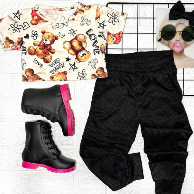 conjunto infantil feminino calça blusa e laço de cabelo tamanhos 4 e 6 anos