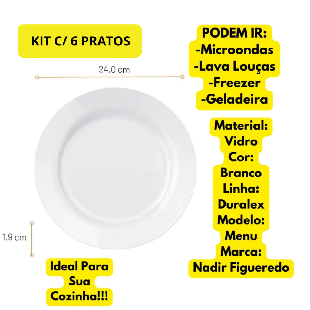 Kit 6 Pratos Raso Branco Vidro Duralex Menu Temperado Opaline Almoço Jantar