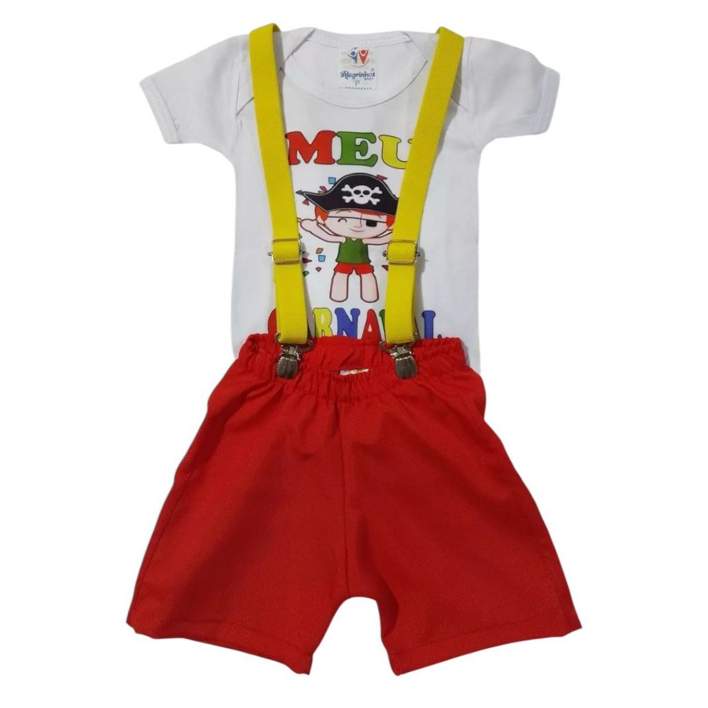 Fantasia Infantil Meu Carnaval Roupa De Bebê Menino Conjunto Festa 3 Peças Body, Short e Suspensório Temático