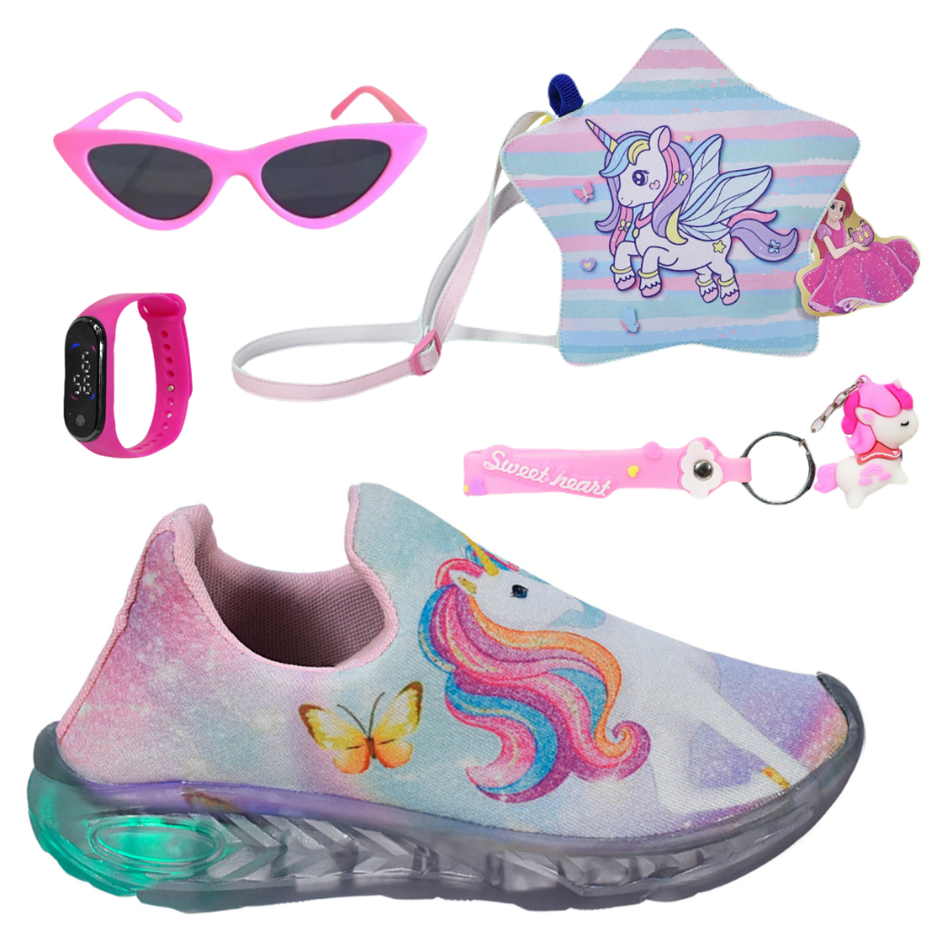 Tênis Infantil Led Feminino Unicórnio Calce Fácil Acessórios + Relógio Óculos Chaveiro Bolsa Unic