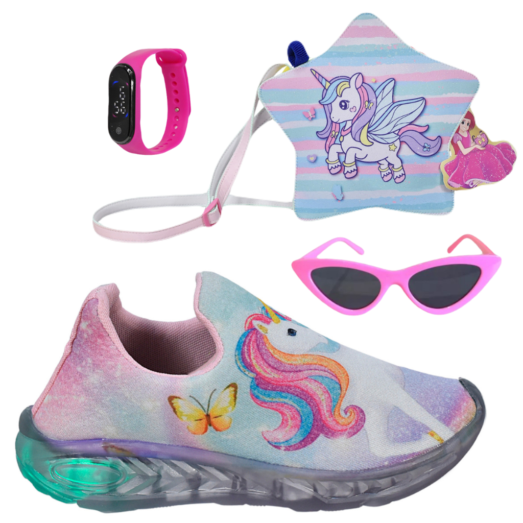 Tênis Infantil Led Feminino Unicórnio Calce Fácil Acessórios + Relógio Óculos Bolsa Unic