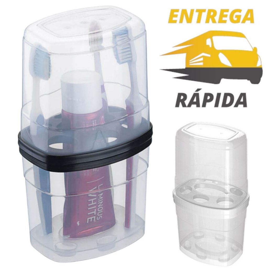 Porta Escova De Dentes Com Tampa Organizador c/ Divisórias Transparente Para Pia Banheiro
