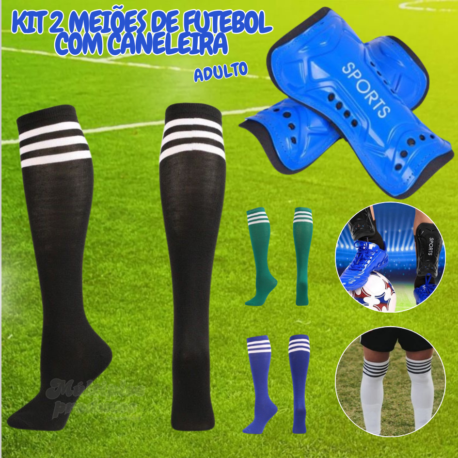 Kit 2 Meiões Para Futebol Adulto Colorido Confortável Listrado + Caneleira Resistente Velcro