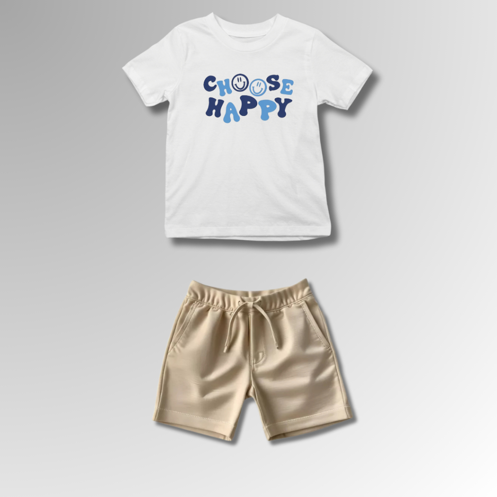 Conjunto Infantil Masculino Choose Happy Camiseta 100% Algodão e Short Tectel Diversas Combinações