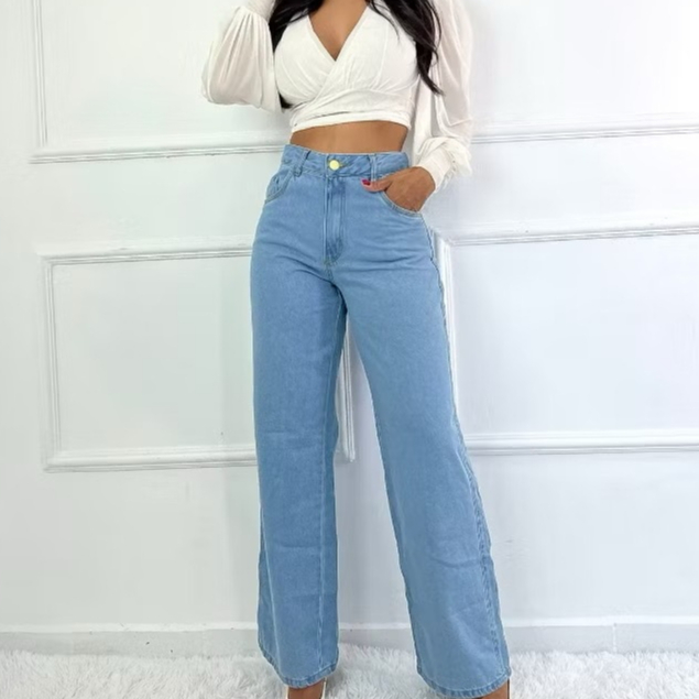 calça jeans feminina cintura alta pantalona wide leg boca larga 100% algodão ys02