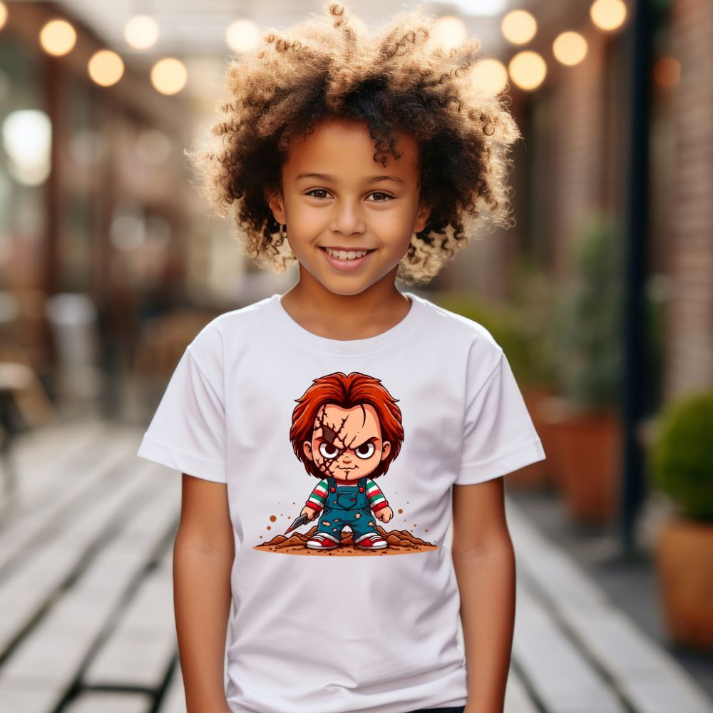 Camiseta Moda Infantil Manga Curta Boneco Chucky Blusa Personagens Meninos
