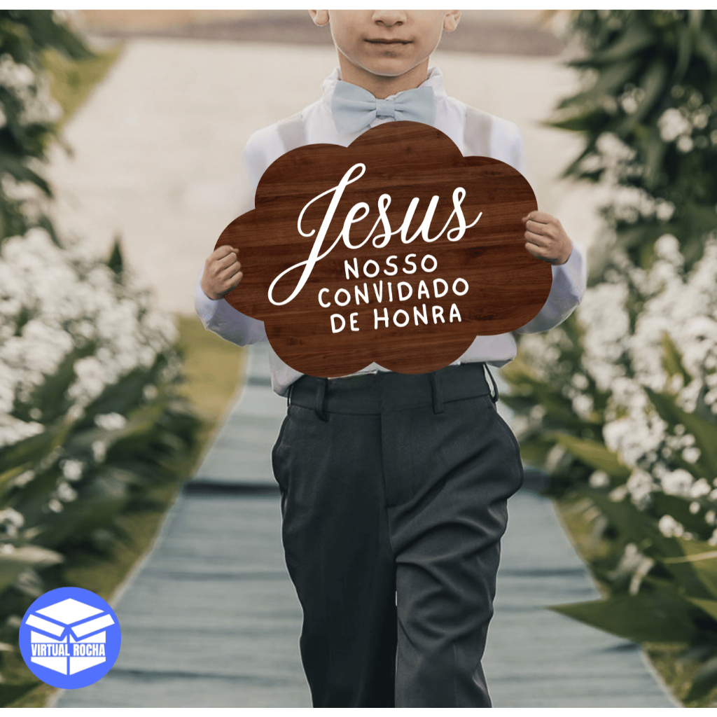 Quadro Decorativo Placa Nuvem Jesus Nosso Convidado De Honra Marrom MDF
