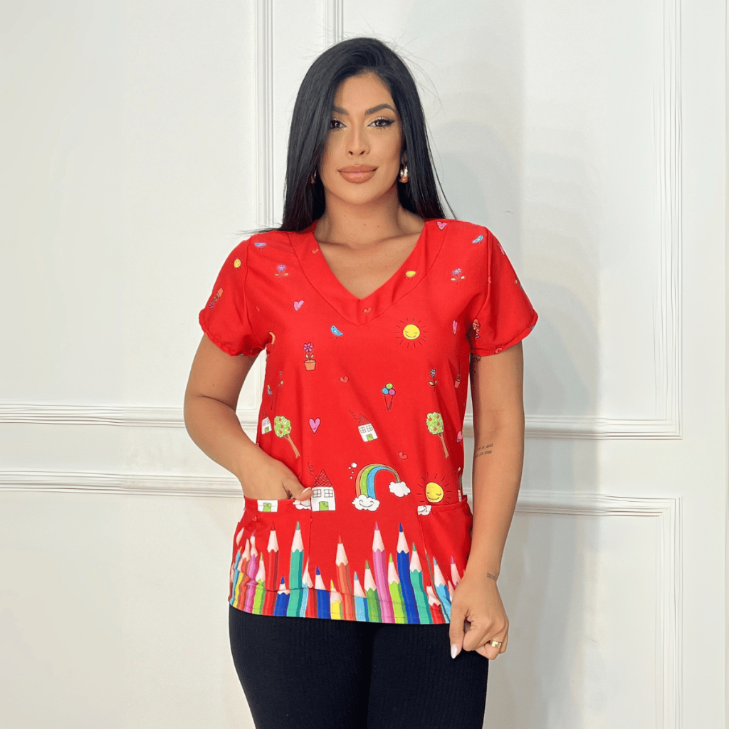 Scrubs Blusa Bata Feminina Estampada Educação Uniforme Pijama Scrub Tecido Oxford P ao G1