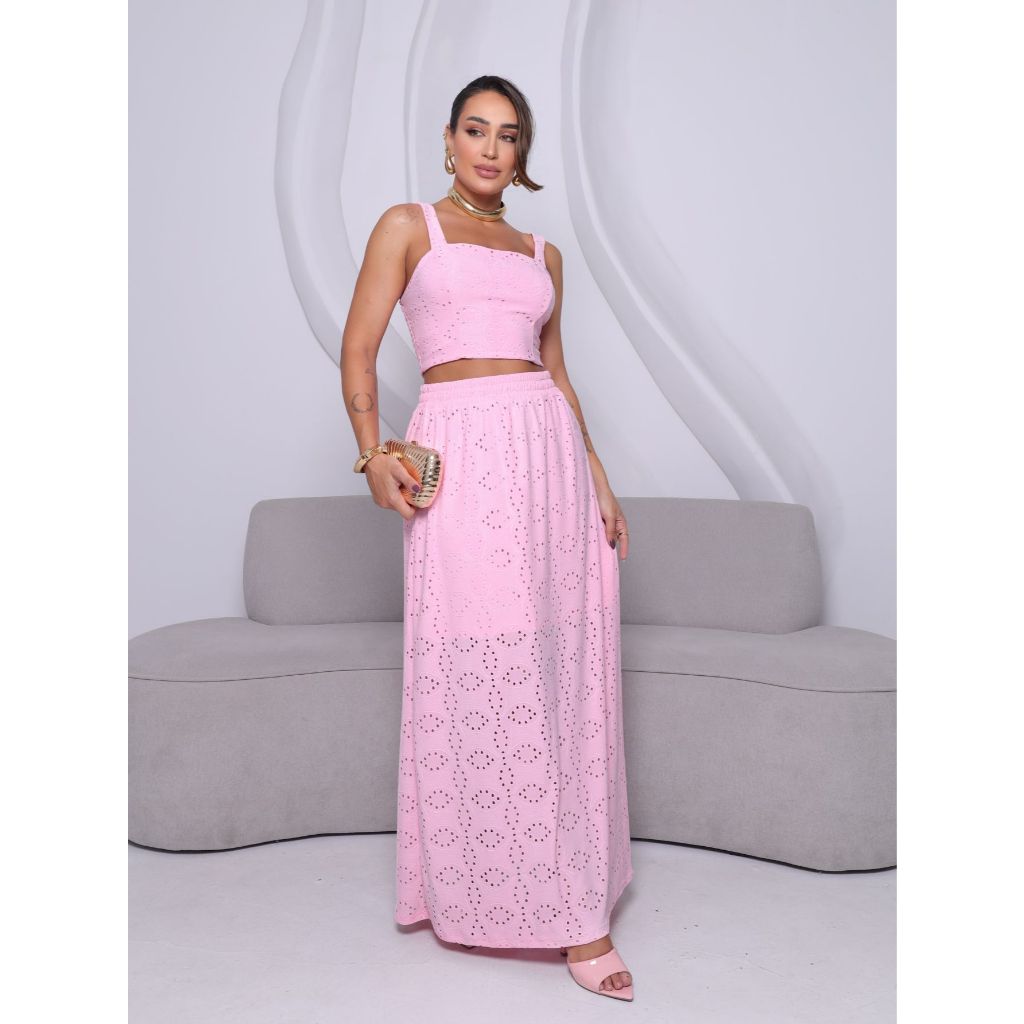 Conjunto Feminino Malha Laise Verão Kit Cropped e Saia Longa