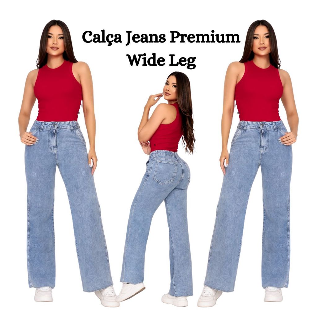 Calça Jeans Feminina Premium Wide Leg Cintura Alta Barra Larga flare Modeladora Marmorizad...