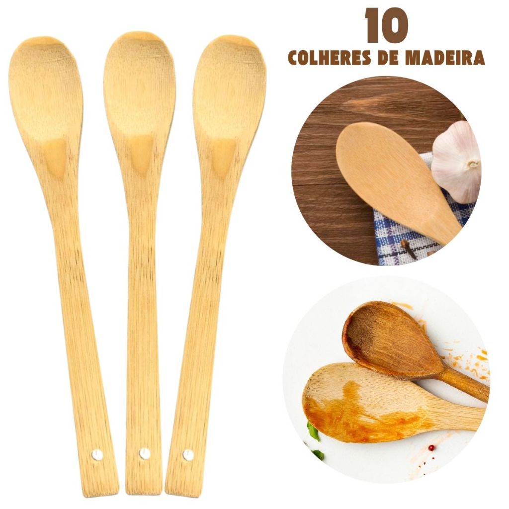 Conjunto 10 Colheres de Pau Colher Tipo Bambu Colheres de Madeira Cozinha Colher de Madeira 27 x 4cm em Oferta na Shopee